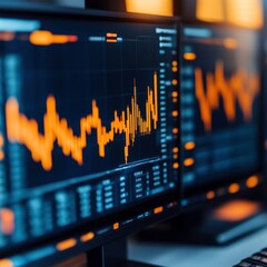 Dual monitors displaying financial data with graphs and metrics in dark mode.