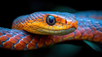 Fototapeta premium Vibrant snake portrait, rainforest, night, closeup, wildlife, nature, poster