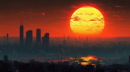 Illustration - Cityscape Sunset, Urban Glow, Red Sky, Dark Silhouette, Modern Architecture