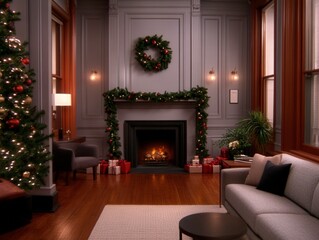 Cozy holiday living room with a fireplace, decorated tree, and festive wreaths.