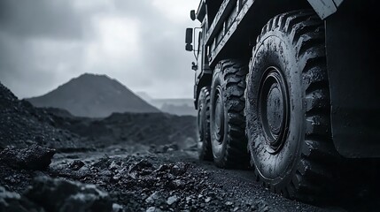Mining truck tires on coal, volcanic background, industrial landscape, resource extraction