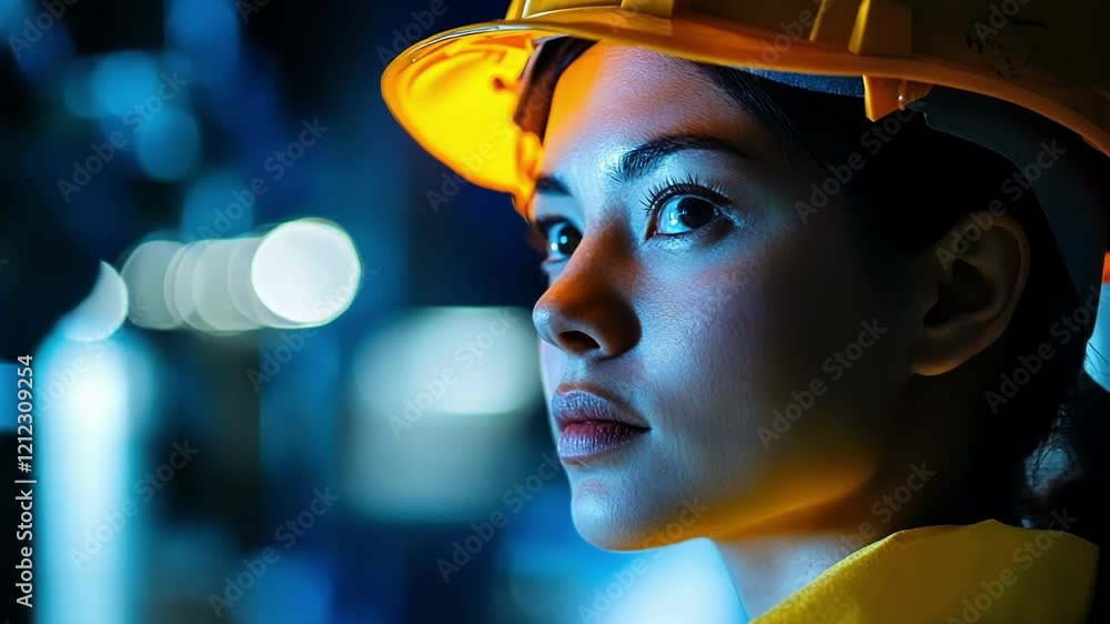 Aufkleber detailed view of a workers face illuminated by the glow of machinery showing concentration and dedic