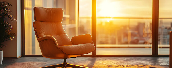 A modern comfortable armchair illuminated by the golden glow of a setting sun, positioned near a large window with soft light and reflections creating a cozy and inviting ambiance.