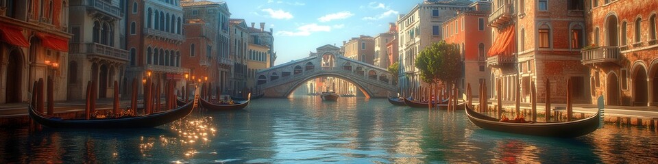 Fototapeta premium Serene Venice Canals, tranquil waterways, gondolas gliding, ancient bridges, soft reflections, timeless charm of Italy