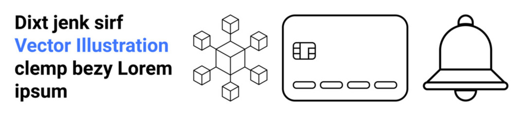 Geometric network structure, card icon, and bell icon placed sequentially with placeholder text. Ideal for technology, finance, notifications, web design, digital communication, infographics
