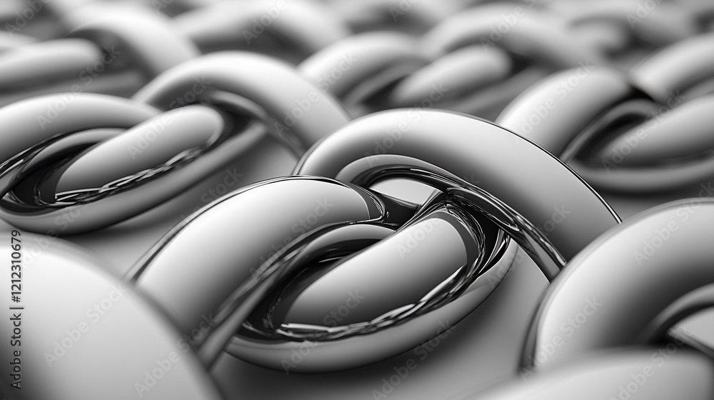 Poster abstract grayscale image of interwoven, glossy, metallic loops.