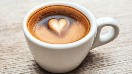 Obraz premium A close-up of a white coffee cup with heart-shaped latte art on a wooden surface.