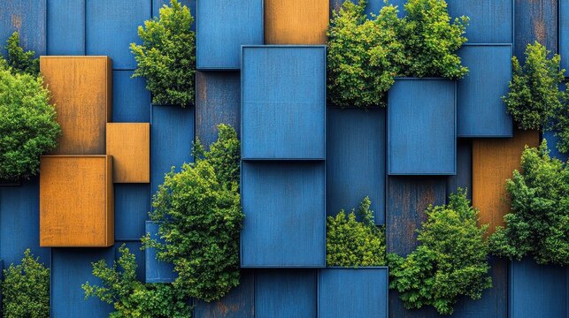 Urban green wall, blue orange panels, modern building, plant life, design texture