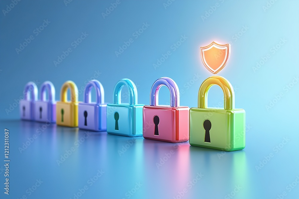 Poster a row of vibrant padlocks symbolizes secure passwords with a glowing shield icon above them, all set