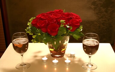 Romantic dinner setting with red roses and wine.