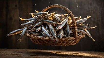 A basket overflowing with small fish, showcasing a fresh seafood display.