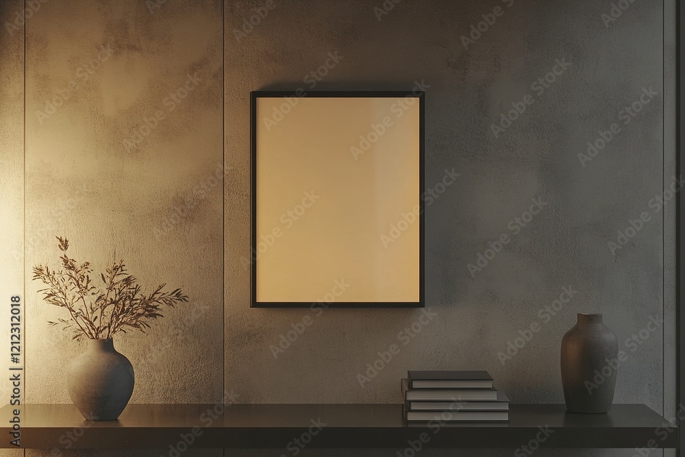 Poster a sleek black bordered picture frame is mounted on a textured concrete wall, surrounded by minimalis
