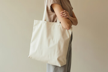 A woman poses holding a large minimalist eco tote bag made of canvas fabric in a light, neutral-colored background. Mockup, blank template. Copy space
