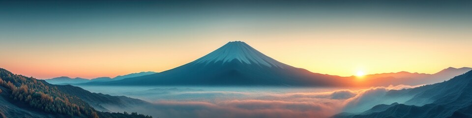 Fototapeta premium Serene Sunrise over Misty Mount Fuji, Japan, warm glow illuminating sacred peak, tranquil atmosphere enveloped in gentle fog