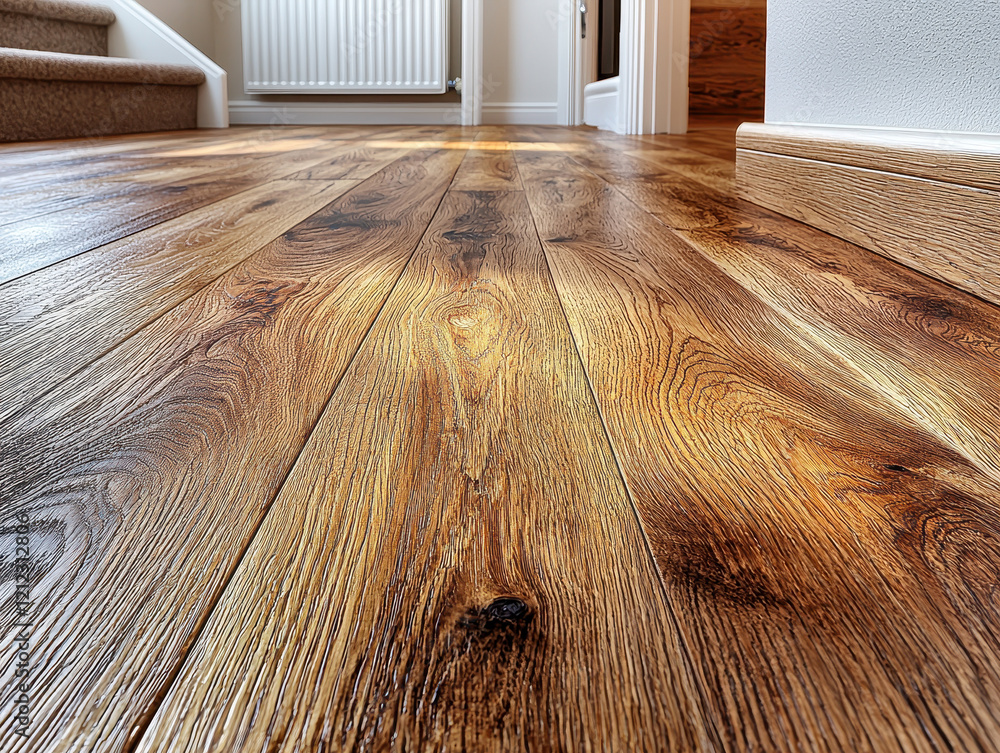 Poster macro perspective of a laminate transition strip between distinct flooring styles indoors