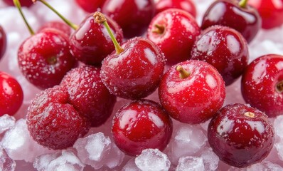 Fresh red cherries on ice