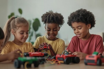 Elementary school students building and programming robots in science class, developing stem skills and exploring the world of robotics and engineering through playful learning