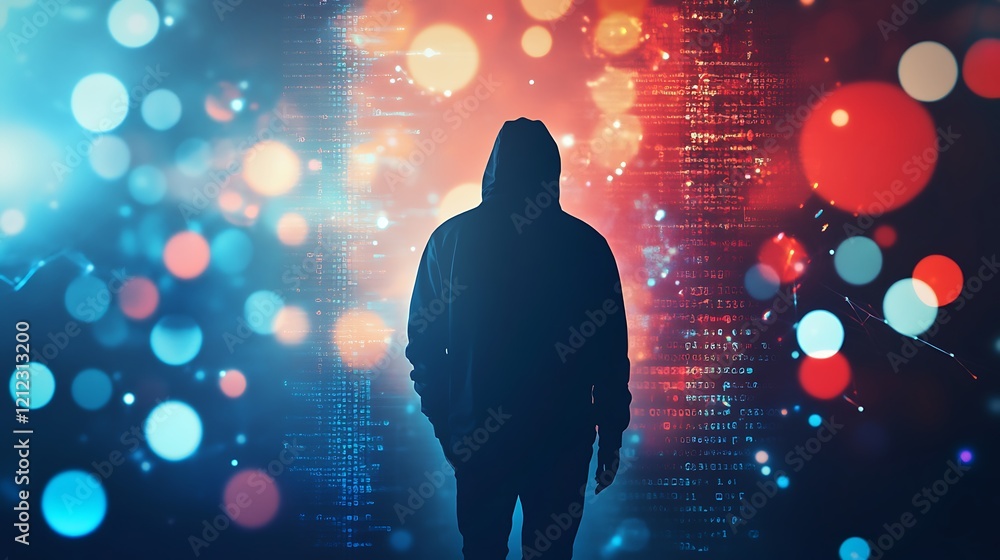 Aufkleber cybersecurity threat: anonymous hacker silhouette against a digital background
