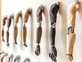 Various modern prosthetic limbs displayed on a clean, sterile clinic desk, with each prosthetic designed for different uses and types of patients, showcasing their precision and utility