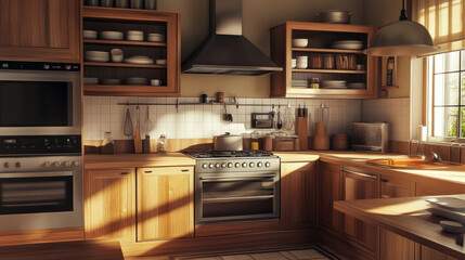 Modern kitchen with wooden cabinets, stainless steel appliances, and natural light