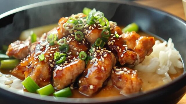 This video showcases a warm chicken dish served over rice. Ideal for food lovers and culinary enthusiasts. Perfect for restaurants or recipe sites. Generative AI