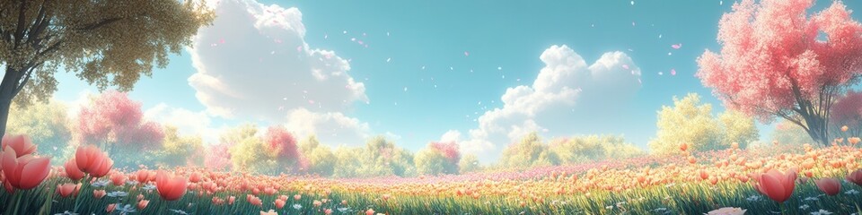 Fototapeta premium Tulip fields in Keukenhof, Netherlands, vibrant blooms under a soft blue sky, tranquil atmosphere, vivid colors, lush landscape