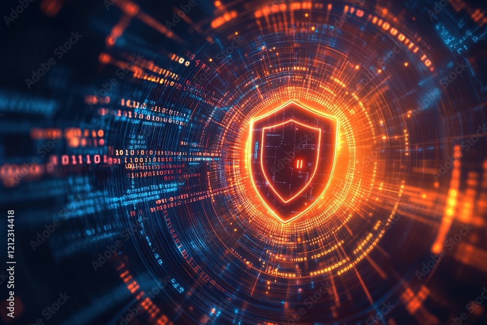 Poster a glowing shield icon is surrounded by vibrant binary code, symbolizing security and protection in a