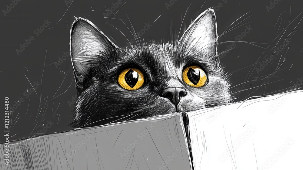 Poster curious cat in box, a minimalist low poly design showcasing a playful feline emerging from a simple 