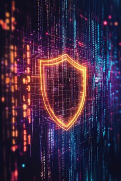 A glowing shield icon emanates a sense of security, surrounded by dynamic binary code. The dark gradient background enhances the futuristic theme, perfect for technology narratives