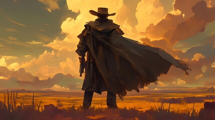 A back view of a cowboy standing in a wild west landscape, evoking a sense of adventure and freedom.