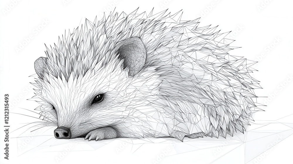 Poster curled hedgehog in low poly style, a minimalist line drawing capturing the charm and simplicity of a