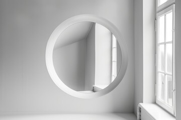 Obraz premium Elegant round mirror in minimalist grey room with angled cornice.