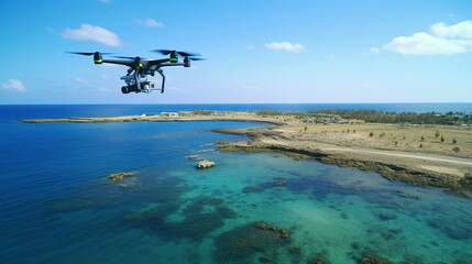 Naklejka premium A photo of a drone conducting a survey of a coastal land