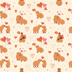 Fototapeta premium Seamless Valentine's Day Pattern with Cute Capybaras. Flat Design for Romantic Theme with cute animals in love. Vector
