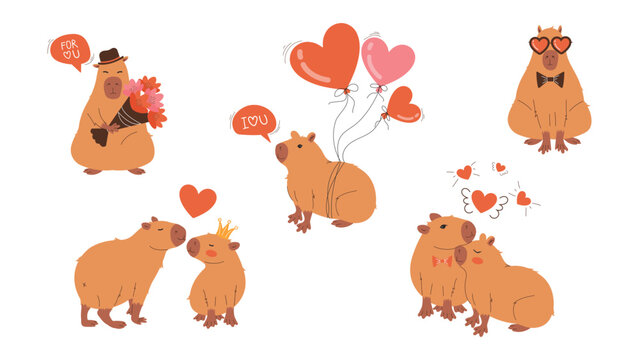 Set of Cute Capybar Lovers Illustration on white background. Flat design for cards, valentine's day greetings, flyers, social media posts