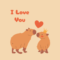 Valentine's Day Postcard With Capybar Lovers. Flat design for greeting cards, greetings, flyers, social media posts. Vector