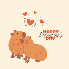 Valentine's Day Postcard With Loving Couple Capybaras. Flat design for greeting cards, greetings, flyers, social media posts. Vector