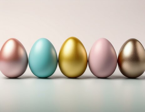 minimalist easter image of a row of pastel colored eggs with one metallic golden egg in the center isolated on a clean white background