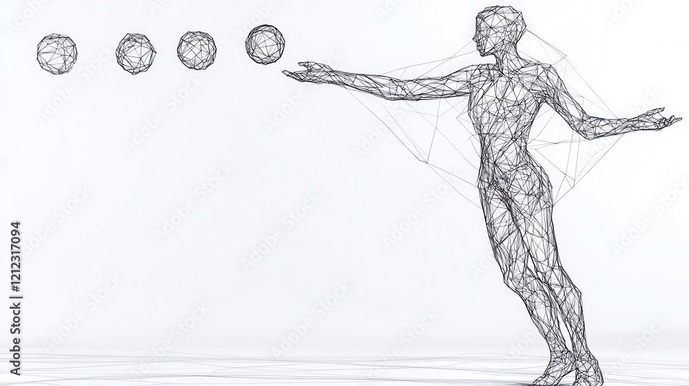 Poster dynamic line art of an individual skillfully juggling three spheres, showcasing balance and motion i