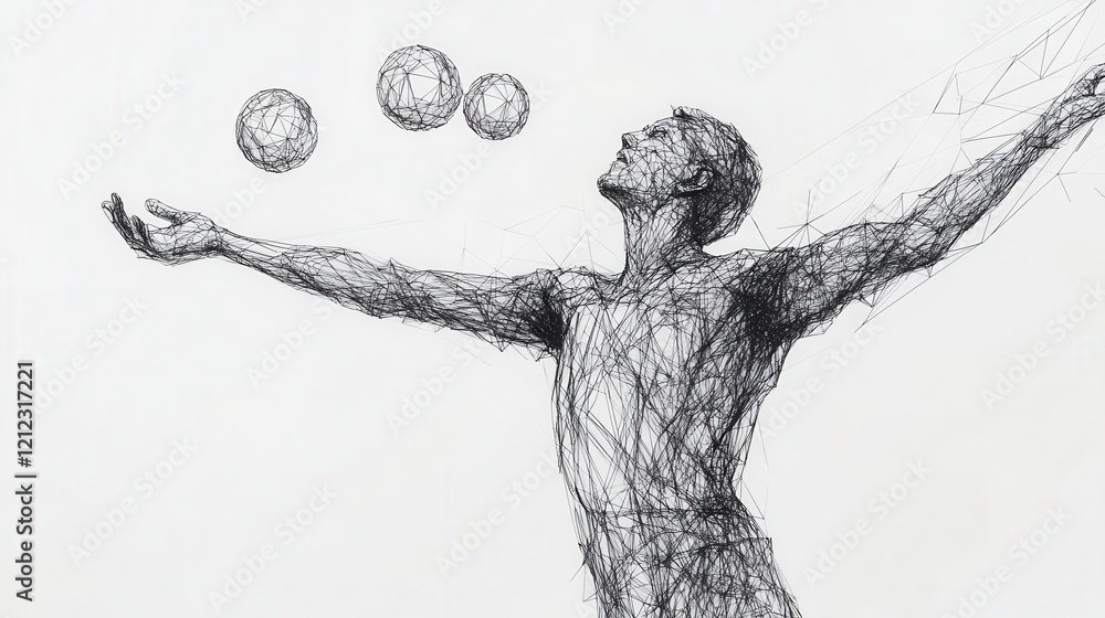 Poster dynamic line art of a figure skillfully juggling three spheres, showcasing movement and balance in a
