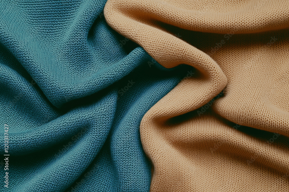 Poster abstract teal and brown fabric: a close-up shot of a folded teal fabric and a folded brown fabric, c