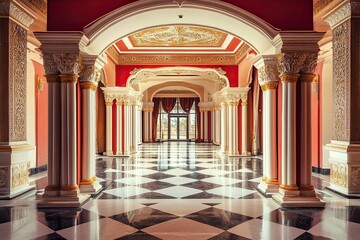 Obraz premium Elegant Palace Hallway With Ornate Columns And Checkered Floor