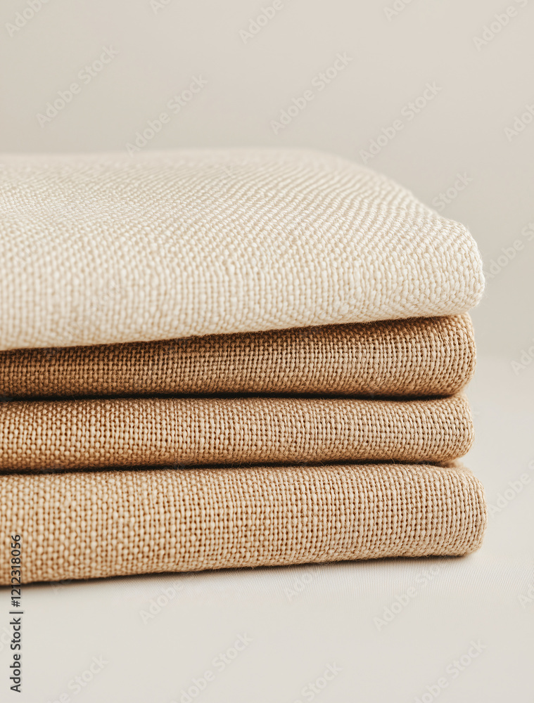 Poster Stack of Linen Fabric Swatches: A neatly stacked collection of linen fabric swatches in various neutral shades, showcasing their texture and subtle color variations.
