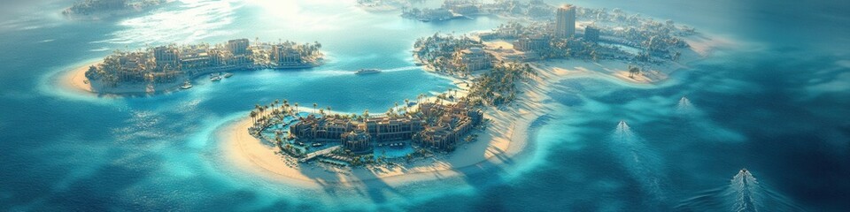 Fototapeta premium Aerial perspective of Dubai's Palm Jumeirah, encircled by pristine waters, showcasing the unique island design and vibrant urban landscape.