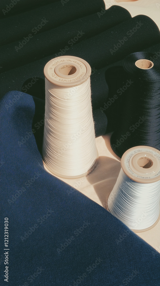 Poster threads of creation: a close-up shot of three spools of white, cream, and black thread, capturing th