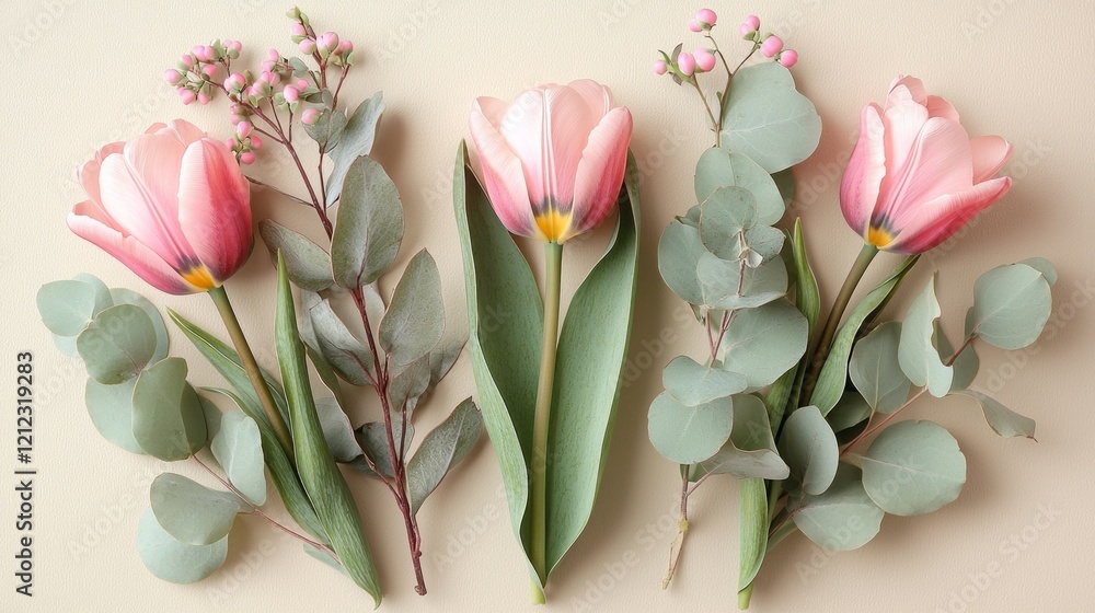 Poster delicate pink tulips stand gracefully alongside assorted greenery, creating a harmonious blend that 