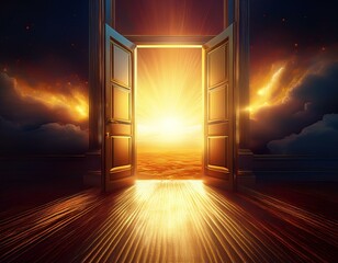 bright door opening to a golden horizon in a dark room