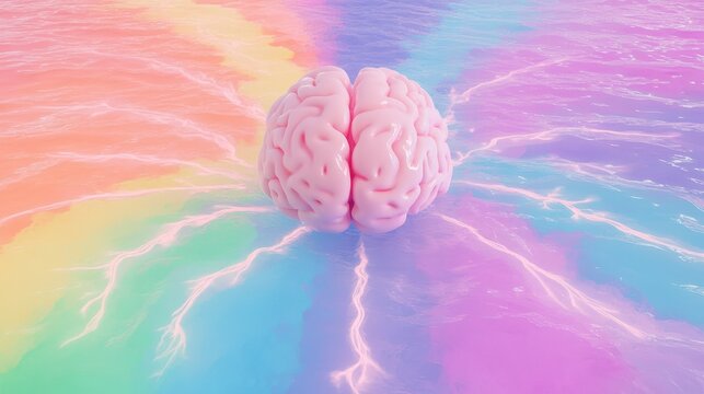 A stylized brain surrounded by colorful waves and lightning, symbolizing creativity and thought.