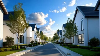 Sunny suburban street lined with modern houses and vibrant greenery.