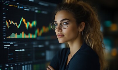 Focused businesswoman analyzing stock market data on large monitor.
